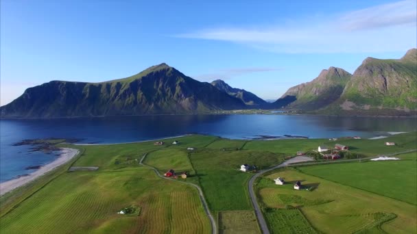 Lofoten adalarında yeşil kırsal üzerinde uçan — Stok video