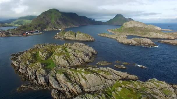 Rocky islands on Lofoten islands in Norway near Mortsund, aerial — Stock Video