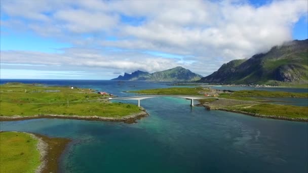 Bridge on Lofoten islands in Norway, aerial view — Stock Video