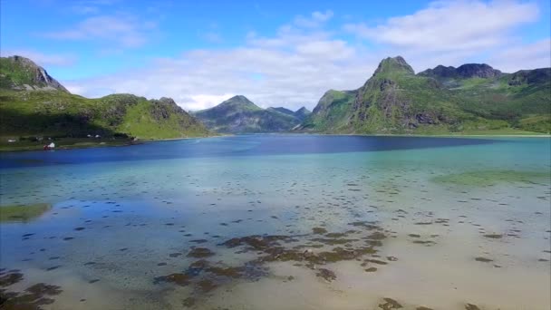 Flying by norwegian coastline on Lofoten islands — Stock Video