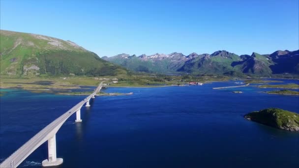 Aerial view of bridge on Lofoten islands in Norway — Stock Video