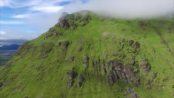 Pendiente de montaña cubierta de hierba con rebaño de ovejas, vista aérea — Vídeos de Stock