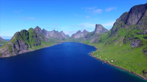 Aerial footage of picturesque fjord on Lofoten islands, Norway — Stock Video