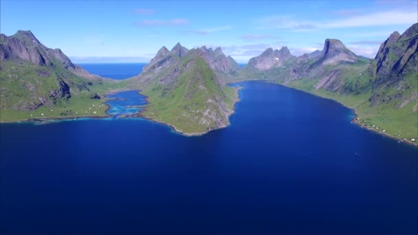 Aerial view of fjord on Lofoten islands in Norway — Stock Video