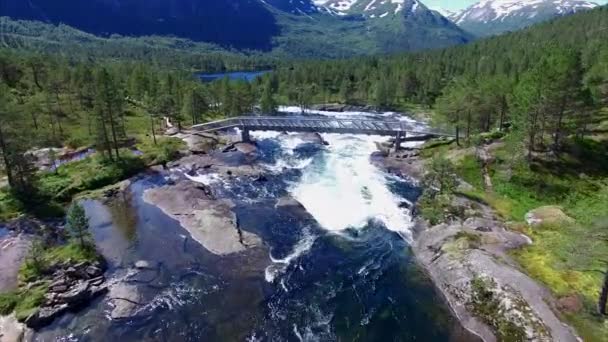 Naturskön utsikt över bron över vattenfallet — Stockvideo