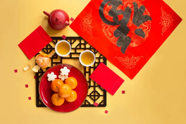 Επίπεδη Θέσει Κινεζική Πρωτοχρονιά Θέμα Νεκρή Φύση Τρόφιμα Και Ποτά — Φωτογραφία Αρχείου