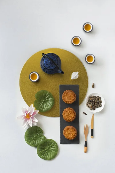 Flat Lay Mid Autumn Festival Mooncake Tea Food Drink Still — Stock Photo, Image