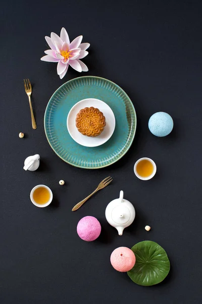 Flat Lay Mid Autumn Festival Mooncake Tea Food Drink Still — Stock Photo, Image