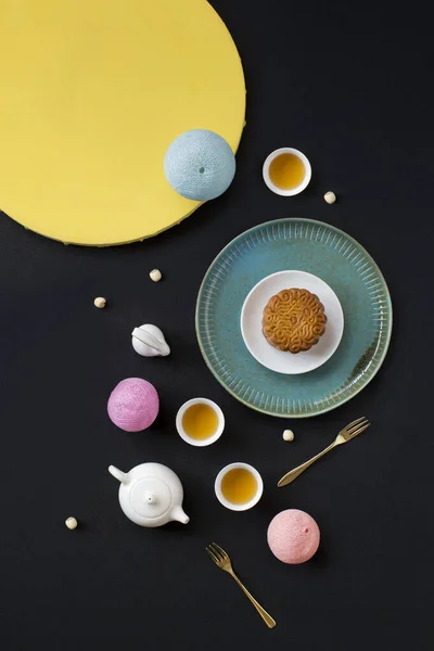 Flat Lay Mid Autumn Festival Mooncake Chá Comida Bebida Ainda — Fotografia de Stock