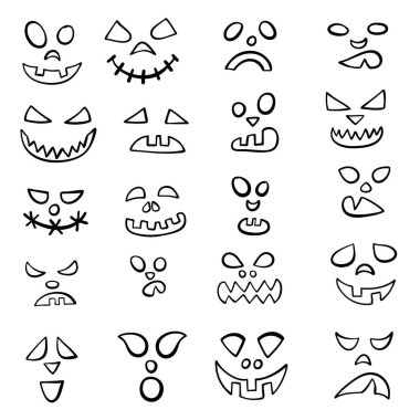 Balkabağı suratlı. Cadılar Bayramı şeytan suratı. Korkunç gülümseyen ağız, korkunç kötü şeytan burnu, ürkütücü ağızlar ve balkabağı gözleri, aptal siyah siluet vektör çizim sembolleri.