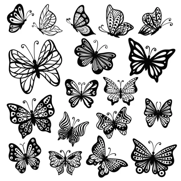 Set Von Schmetterling Schwarze Handzeichnung Auf Weiß Stock Vektor Illustration — Stockvektor