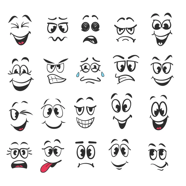 Zeichentrickgesichter Ausdrucksstarke Augen Und Mund Lächelnde Weinende Und Überraschte Charaktergesichtsausdrücke — Stockvektor