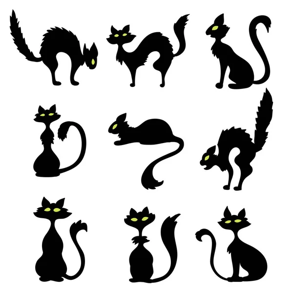 Set Der Schwarzen Bösen Katze Für Halloween Karte Design Hand — Stockvektor