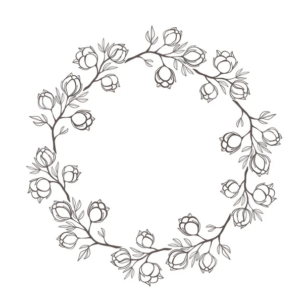 Cadre Bordure Ronde Avec Herbe Coton Fleurs Pour Conception Carte — Image vectorielle