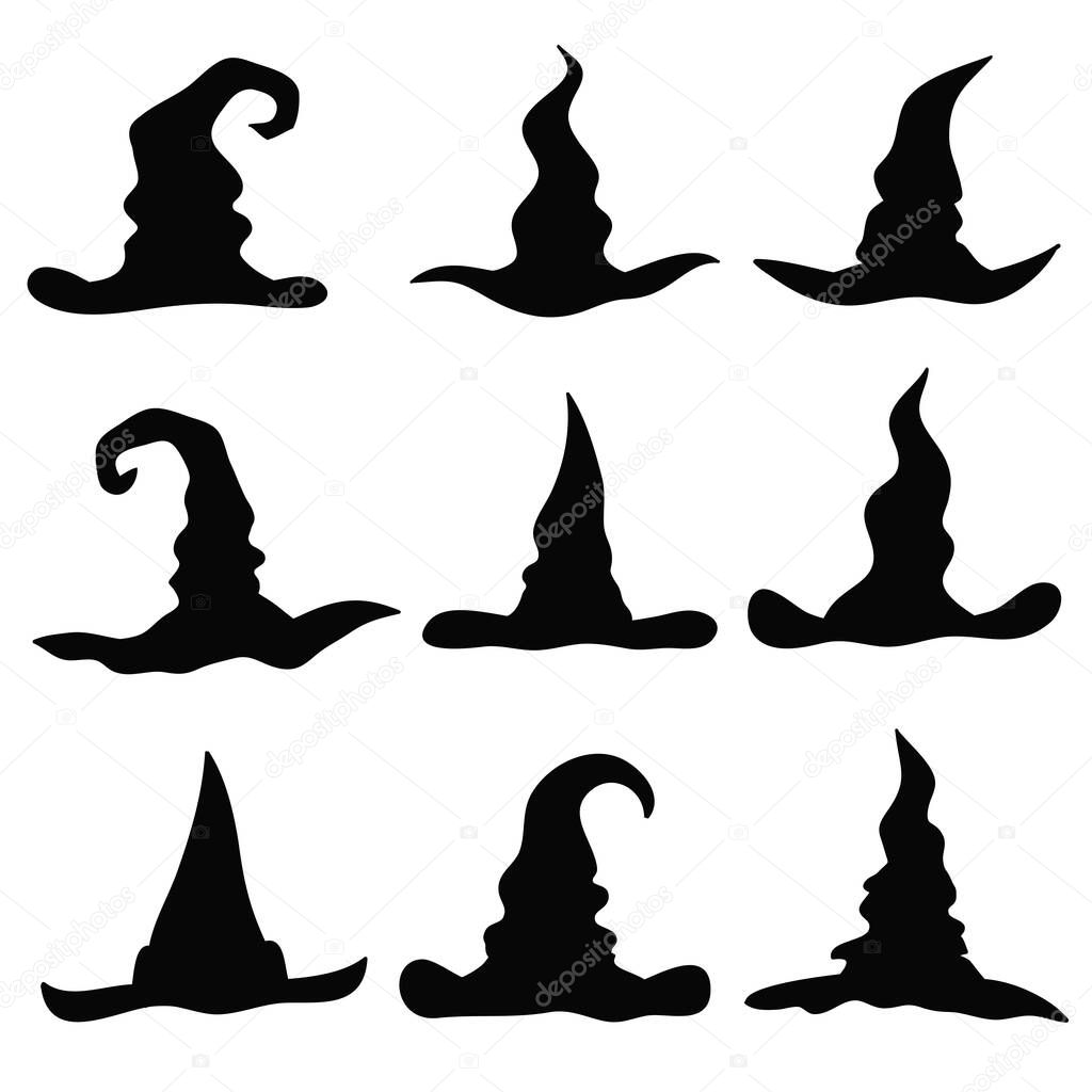 Set of witch hats for halloween card design decor isolated on white, stock vector illustration