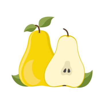 Tatlı sarı armut ve yarısı yeşil yapraklı, çizgi film tarzı.