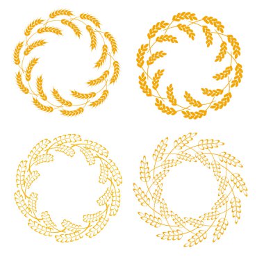 Buğday veya arpa kulağı kenarı veya çerçeve seti. Buğday hasadı, pirinç sapı ve tam ekmek tanecikleri veya tarla tahıllı çavdar tohumu Kulak sembolü