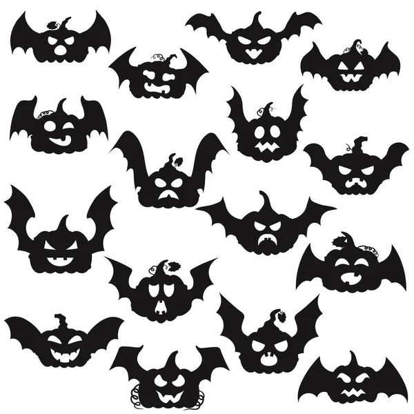 Cartoon Halloween Kürbis Mit Fledermausflügeln Silhouette Schwarze Kürbisse Mit Furchteinflößend — Stockvektor