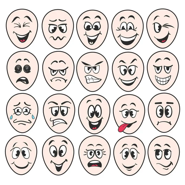 Caras Desenhos Animados Sorriem Expressivo Olhos Boca Sorrindo Chorando Expressões —  Vetores de Stock