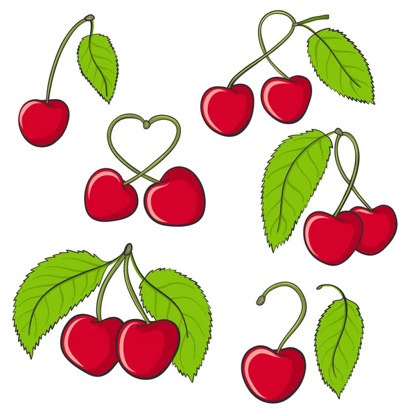 Ensemble Fruits Cerise Brillante Juteuse Douce Dessinée Main Pour Conception — Image vectorielle