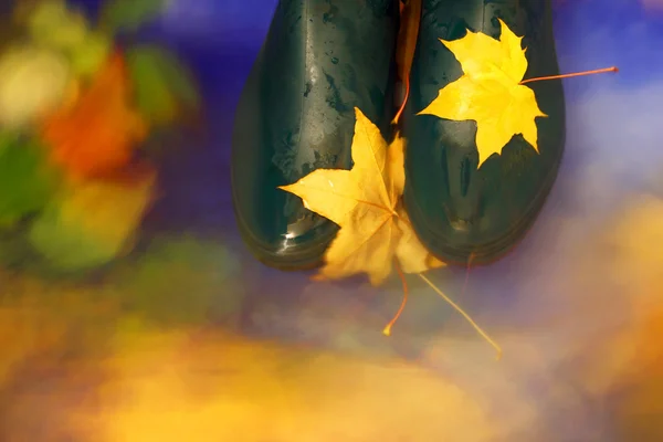 秋天的背景。落叶在血泊中。靴. — 图库照片