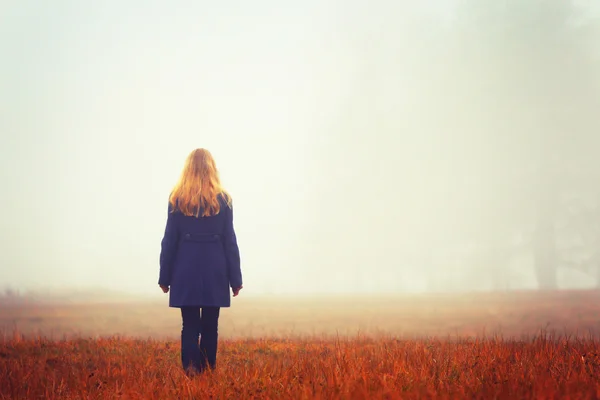 Blond kobieta na spacer. Drewno jesień. Mgła tło. Cichej lagunowe oraz ogród — Zdjęcie stockowe