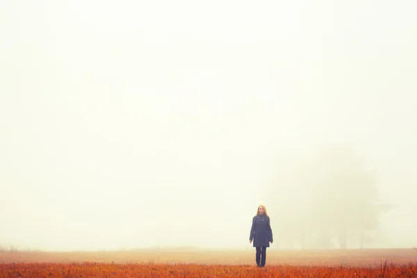 Blond kobieta na spacer. Drewno jesień. Mgła tło. Cichej lagunowe oraz ogród — Zdjęcie stockowe
