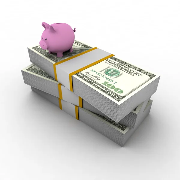 Banco porquinho no topo da pilha de dólares — Fotografia de Stock