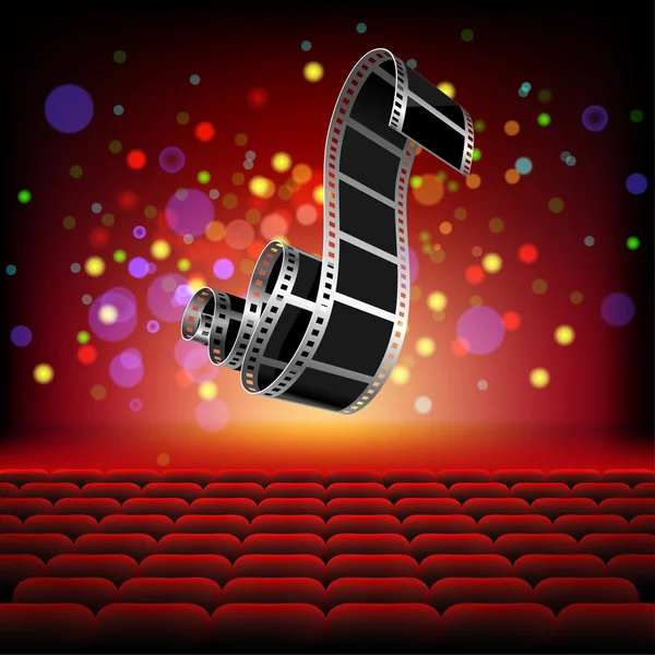 Cámara Rollo de película sobre fondo Sala de cine — Archivo Imágenes Vectoriales