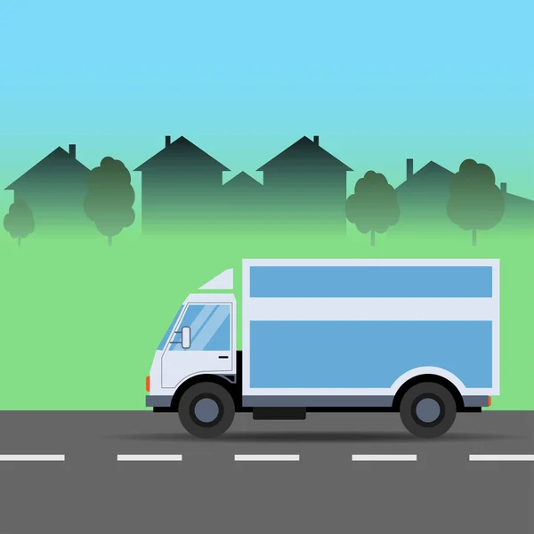 Vrachtwagen op de weg. Stad, logistiek, levering — Stockvector