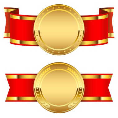 Altın Madalya Simgesi Rozeti. Sporda zaferin sembolü, iş dünyasında, kırmızı kurdeleli madalyanın.