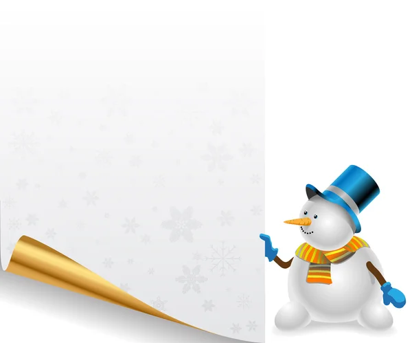 Muñeco de nieve sosteniendo una hoja decorativa de papel con fondo de Navidad — Vector de stock