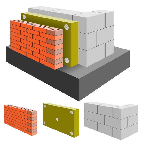 Pared de ladrillo de la casa con aislamiento, corte . — Archivo Imágenes Vectoriales