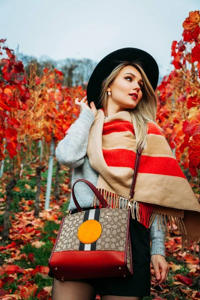 Portret Van Jonge Mode Blonde Vrouw Herfst Park — Stockfoto