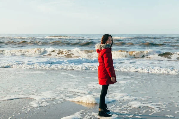 Years Old Child Having Fun Beach Teenage Kid Playing Winter — Stock Photo, Image