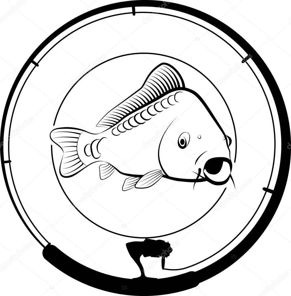 fishing badge with carp fish and fishing rod