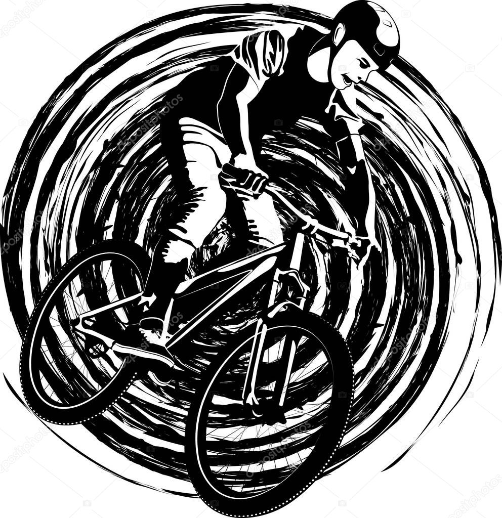 Grunge illustration of cyclist, monochromatic vector illustration