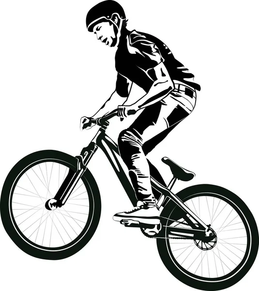 男性オンMtbバイク 白黒ベクトルイラスト — ストックベクタ