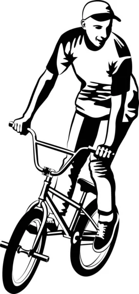 Bmx自行车上的男孩 黑白矢量图解 — 图库矢量图片