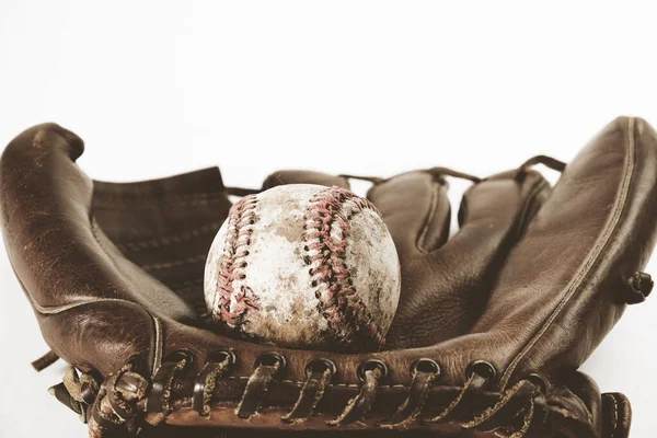 Skórzana Rękawica Baseballowa Rzut Bliska Koncepcja Baseballu — Zdjęcie stockowe