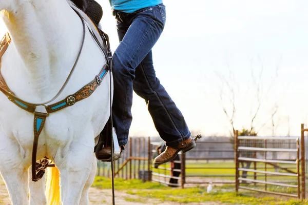 Молодая Женщина Лошадью Фоне Фермы Западного Образа Жизни Верховая Езда — стоковое фото
