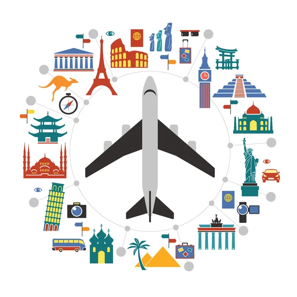 Aircraft with Famous international landmarks — Stock Vector