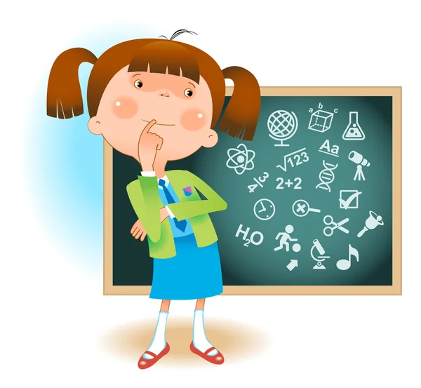 School meisje en schoolbord met iconen van onderwijs — Stockvector