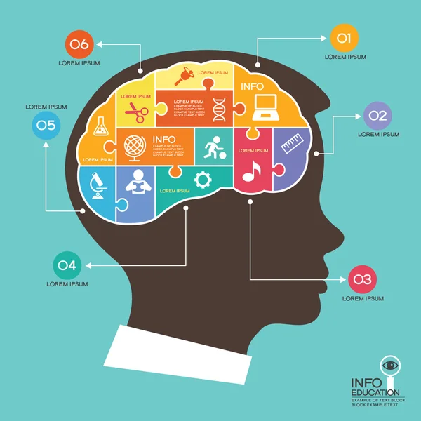 Brain with puzzles education in head of child — Stock Vector