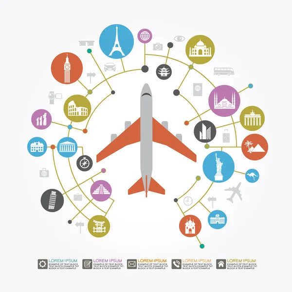 Aviones con famosos hitos internacionales — Vector de stock