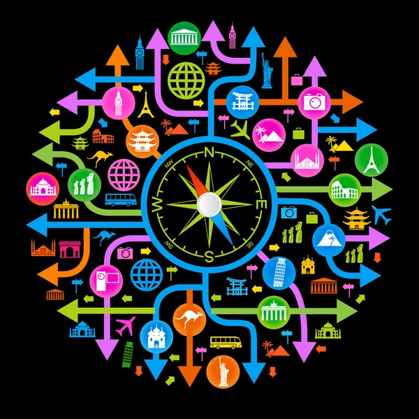 Kompass mit berühmten internationalen Sehenswürdigkeiten — Stockvektor