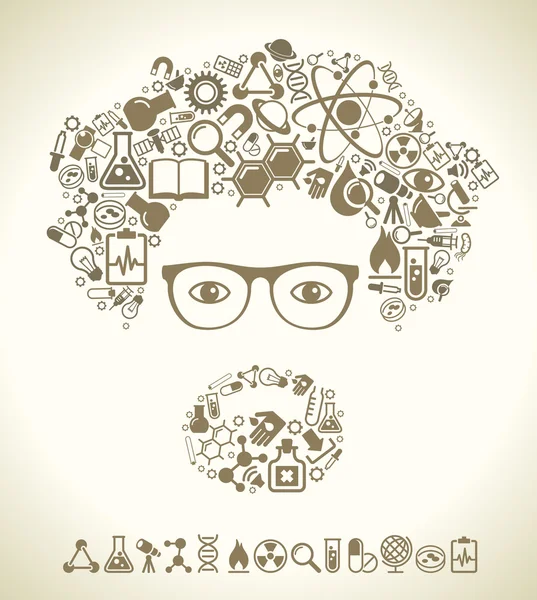 Rostro humano con iconos de la ciencia — Vector de stock