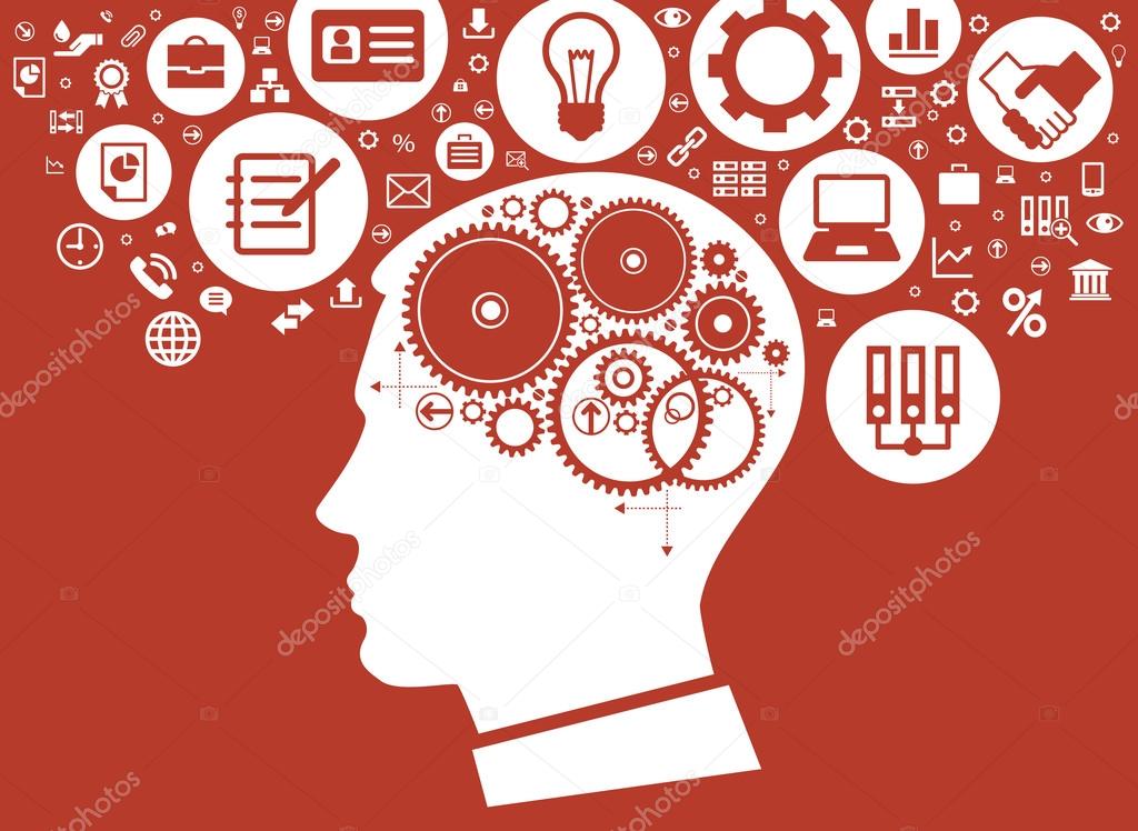 Modern flat design background. concept of modern business. Silhouette of man head with gears surrounded by icons of business