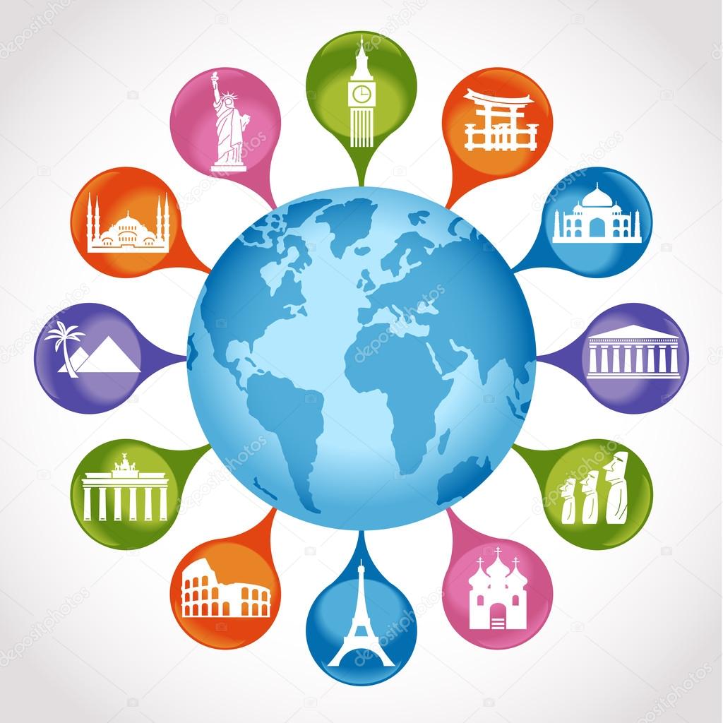 Globe with Famous international landmarks Stock Vector by ©VLADGRIN