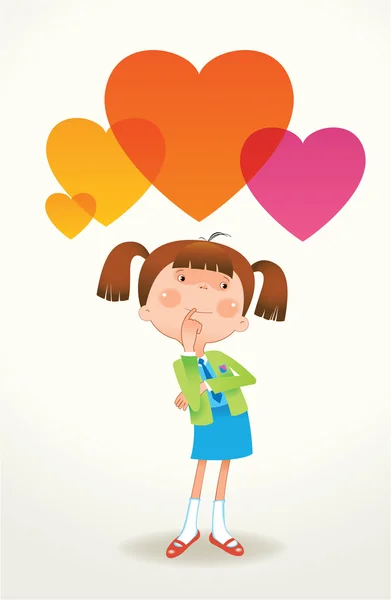 Cartoon girl with colored hearts — Stock Vector